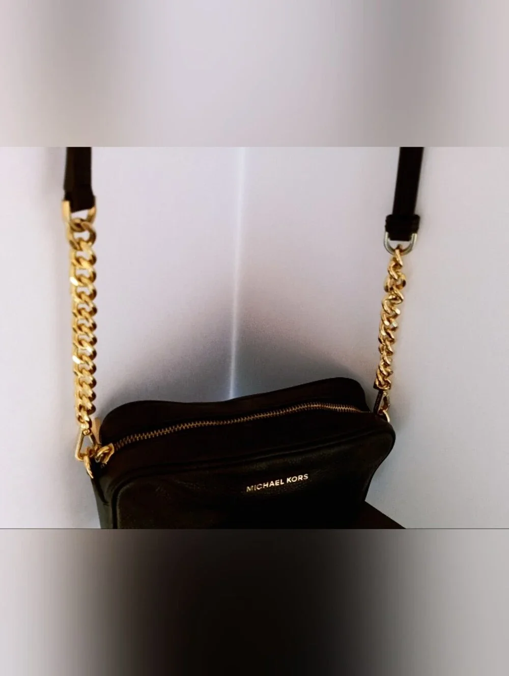 Michael Kors Black Leather Crossbody with Gold Chain Strap